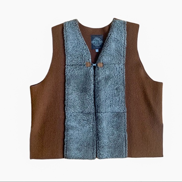 ❌SOLD❌ Sherpa genuine sheepskin and Chestnut Brown wool sleeveless jacket vest - Picture 5 of 9